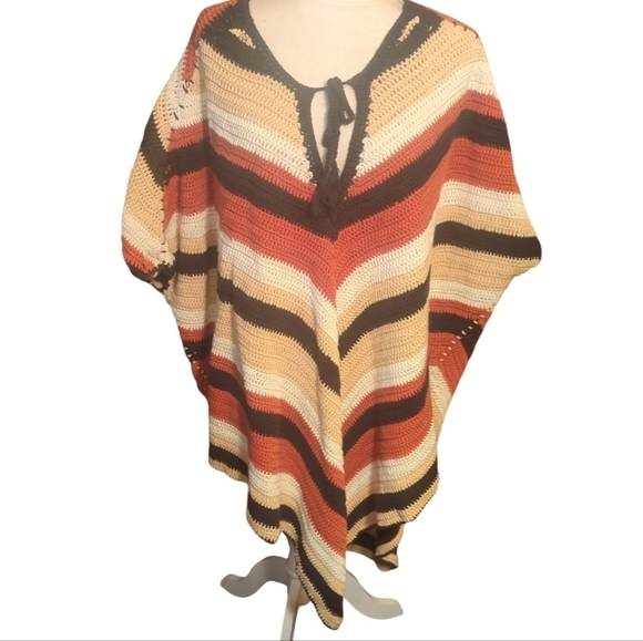 Crochet Long Poncho Multi Color Striped brown/cream/rust Hippie Festival OS - Picture 9 of 12